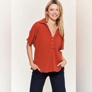 Rust Orange Collar Henley Tunic Top New Medium